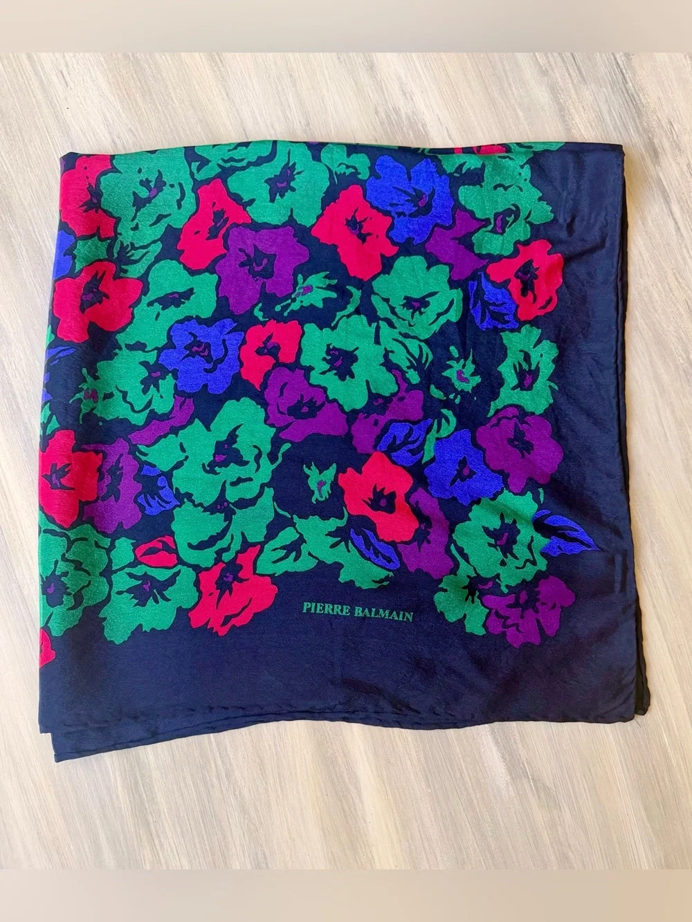 Balmain Navy Floral Silk Scarf Cottagecore Green Purple Pink Blooms